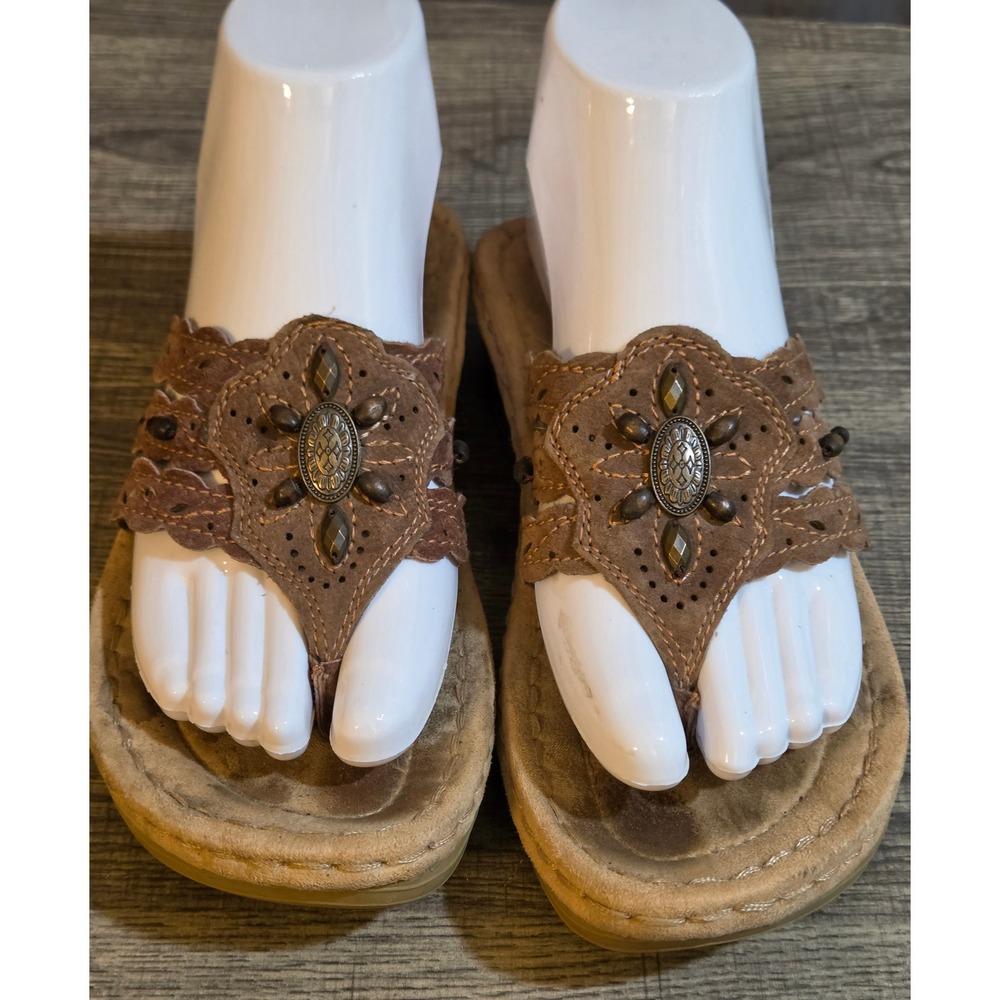 Earth Spirit Floral Embellishment Thong Sandals Women's Size 6 Brown - Picture 2 of 10